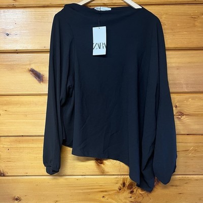 Zara Womens Top XXL Black Asymmetric Neck Long Sleeve Elastic Cuff Loose Fit