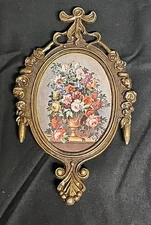 Vintage Miniature Art Print Decorative Metal Frame Italy 60s Flower Vase Brass 