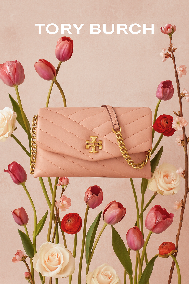 New Tory Burch Kira Chevron Pink Leather Chain Wallet/Crossbody