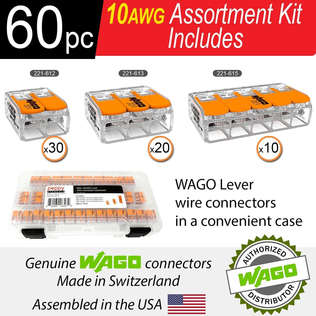 WAGO 221-61x Lever Nuts 60pc 10AWG Lever Wire Connector Assortment
