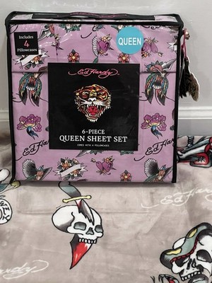 Ed Hardy Purple/Lilac 6-piece Queen Sheet Set, Birds,Tigers,Flowers Tattoo Print