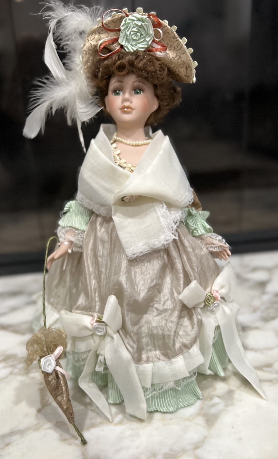 Vintage 16” Heritage House Porcelain Doll with Ribbon & Bow Umbrella