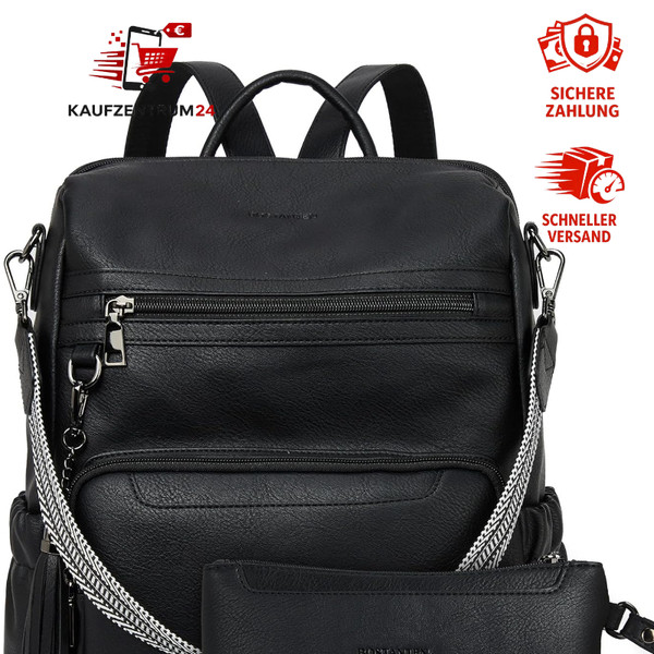 Leder Rucksack Damen 2 StüCk Freizeitrucksack Handtasche Schwarz Reise Rucksack-image