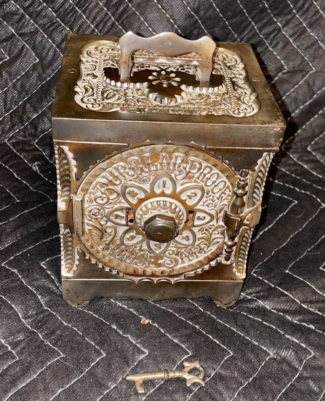 Nickel Coin Bank Safe Key and Combination Stevens 1897 Burglar Proof Ornate