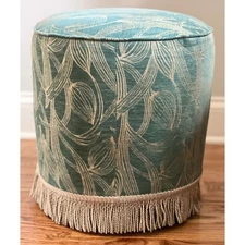 Gubi Pouffe Ottoman Round Stool Upholstered Mid Century Art Deco Fringe Trim 15”