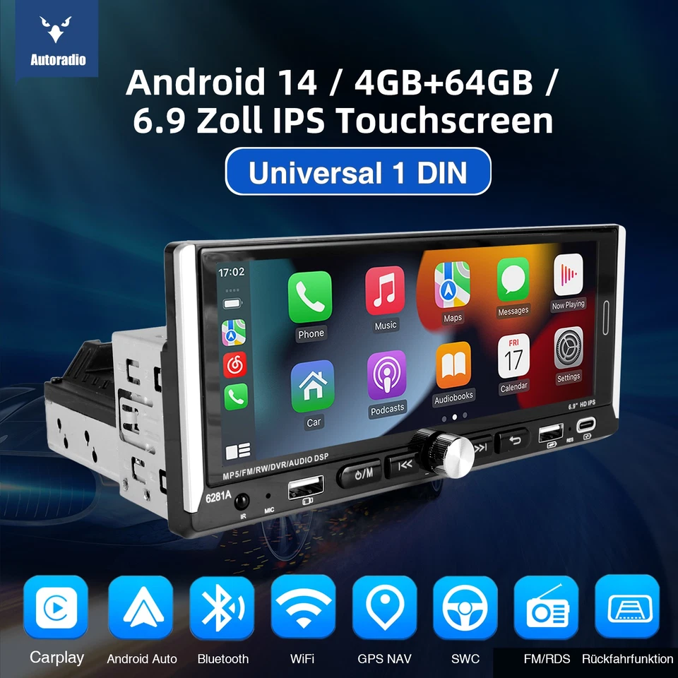 4+64GB Apple Carplay Single 1DIN Android 14 Autoradio Mit Bluetooth GPS WIFI KAM - Bild 2 von 4