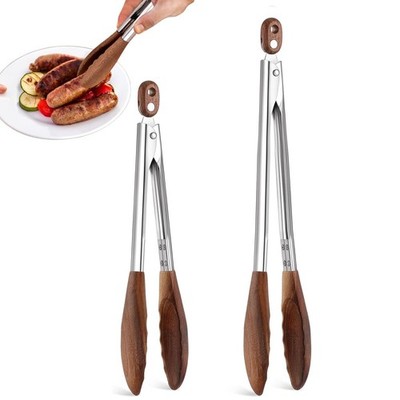 Set of 2 9'' & 12'' Stainless Steel Salad Kitchen Tongs Walnut Wood Tip