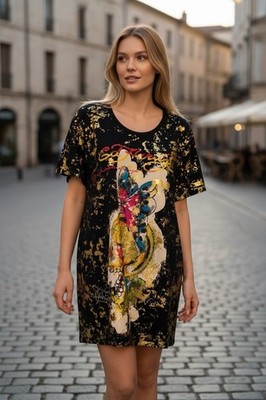 Ed Hardy Christian Audigier 3X Graphic Tee Dress Skull Butterfly Gold Splatter