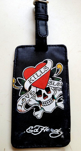 Ed HARDY Luggage Tag - Skull-Love Kills Slowly- black lettering With Heart-Used