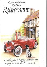 CONGRATULATIONS ON YOUR RETIREMENT - YESTERYEAR - RED CAR, DOG, OLD PETROL PUMPS
