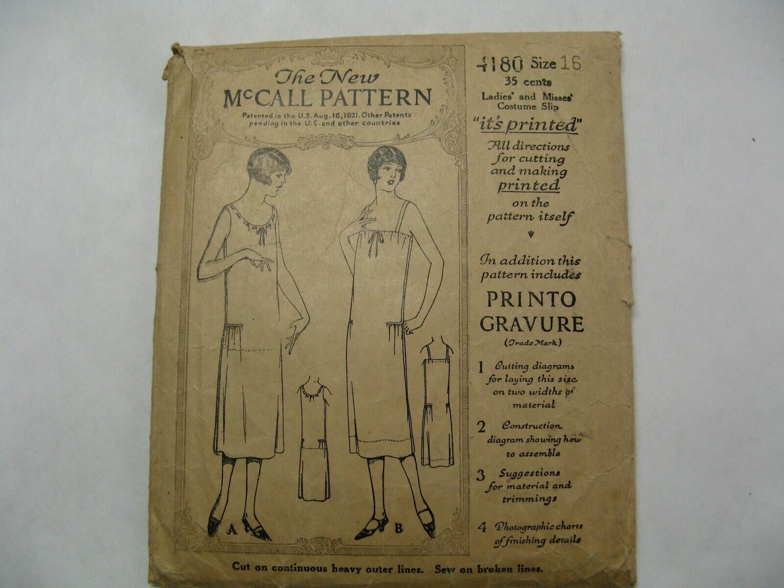 1920 1930 Antique McCall Dress Slip Pattern Flapper Bust 34