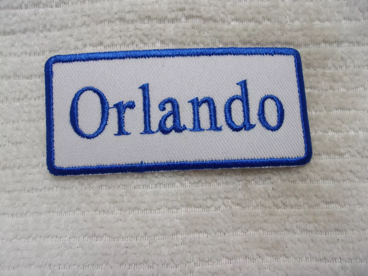 ORLANDO NEW EMBROIDERED SEW / IRON ON NAME PATCH BLUE ON WHITE