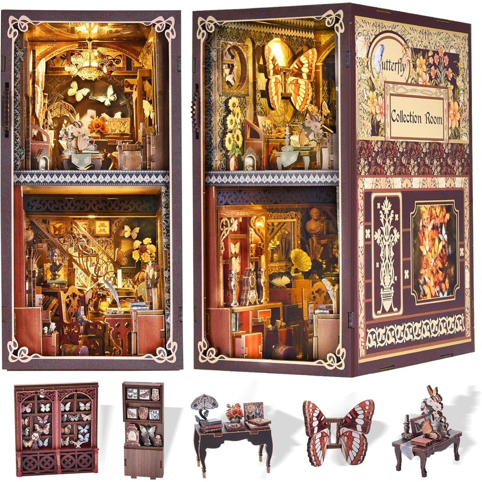 3D Wooden Puzzle Butterfly Collection Room DIY Book Nook Kit with LED Light