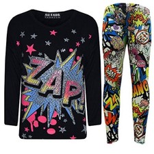 New Girls Comic ZAP Print Glitter Multi Color Top T Shirt  comic Legging Set