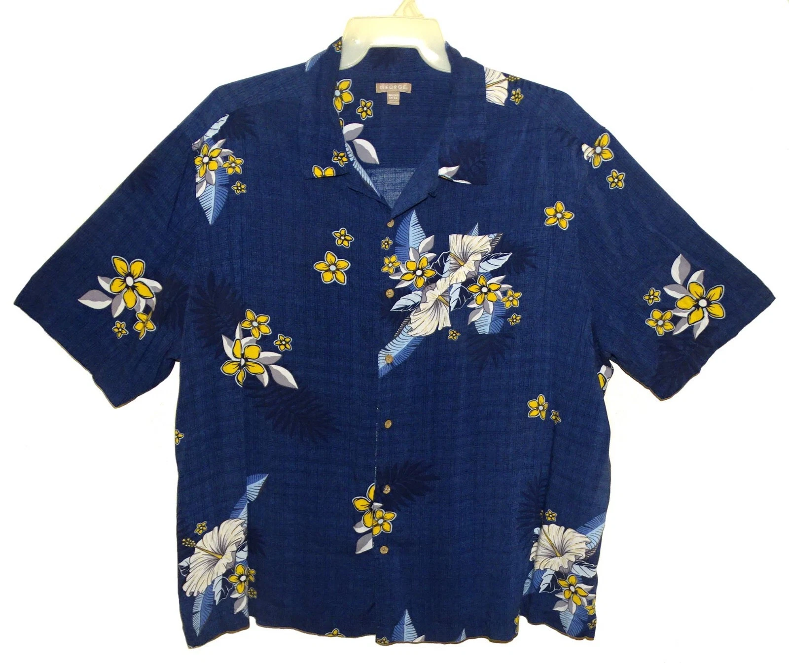 Sz 3XL George Hawaiian Aloha Shirt Tropical Floral Navy Blue Multi 100% Rayon