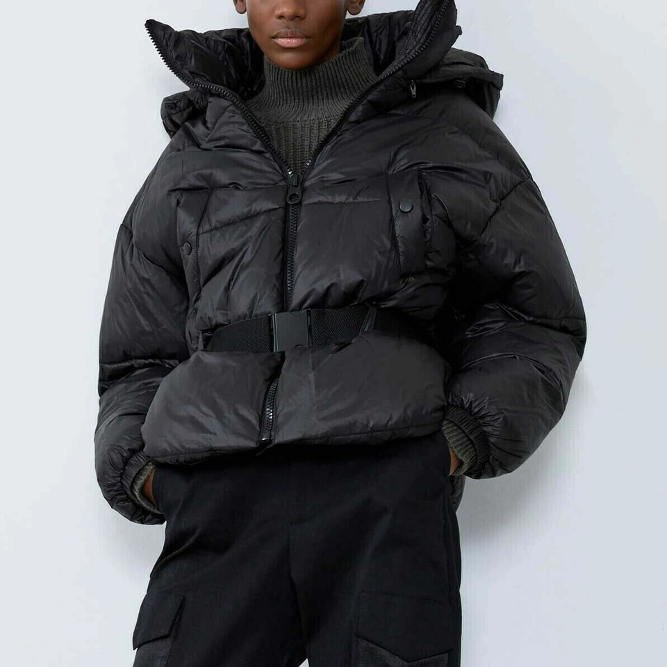 NEW ZARA BLACK SORONA ® DUPONT™ BELTED PUFFER JACKET REMOVABLE HOOD SZ M - Image 2 of 4