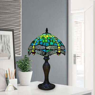 AUROH 10 inch Tiffany Green Dragonfly Style Table Lamp Stained Glass Shade Home Decor