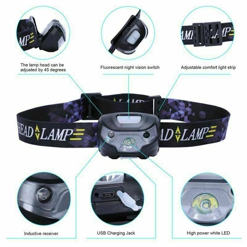 Super Bright Waterproof Head Torch Headlight LED USB Rechargeable Headlamp Fish - Picture 5 of 12