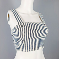 Zara Women's Denim Crop Top Size XS White Blue Striped Side Zip Bustier Tank