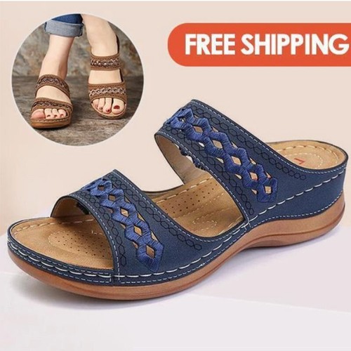 Sandalias De Cuero Cómodas Moda De Mujer Zapatos De Verano Tacón Bajo  Chanclas | eBay