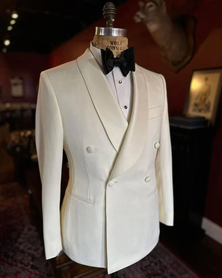 Trajes Crema Para Hombres Calce Regular Negocios Formal 2 Piezas Fiesta Baile de graduación Esmoquin Chaqueta Pantalón Foto 3 de 4