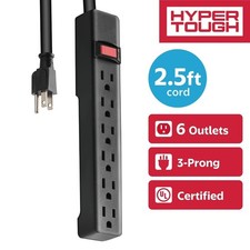 6-Outlet Power Strip with 2.5 ft Extension Cord, Surge Protector, Flat Plug, ETL