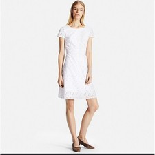 UNIQLO White Eyelet Short Sleeve Fit Flare Dress Size L resort brunch