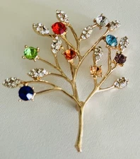 Elegant gold Tone Multicolor Crystal Gems Tree  of Life Brooch