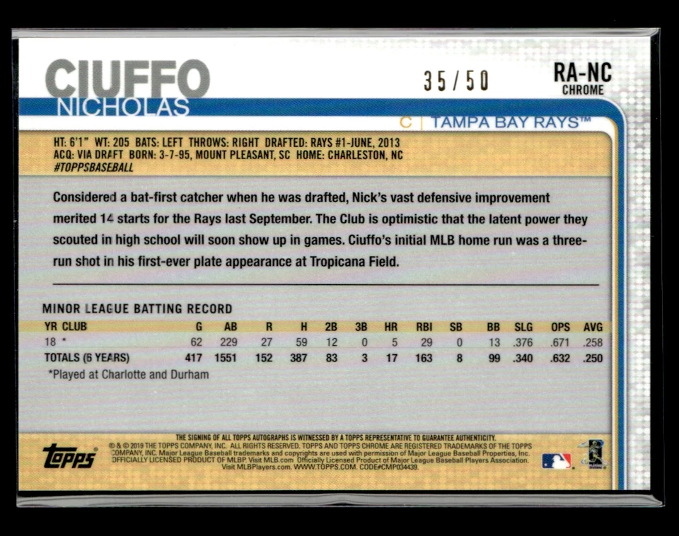 Nick Ciuffo 2019 Topps Chrome Gold Refractor RC Auto 35/50 - Image 2 of 2