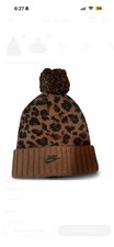 Nike Leopard Print Pom-Pom Bobble Hat Brown Fleece Lined Unisex One Size Winter