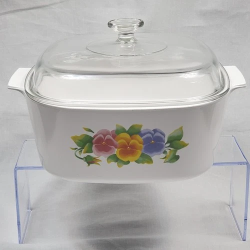 VTG 5 QT CORNING WARE SUMMER BLUSH PANSY A-5-B CASSEROLE DISH & PYREX LID A-12-C