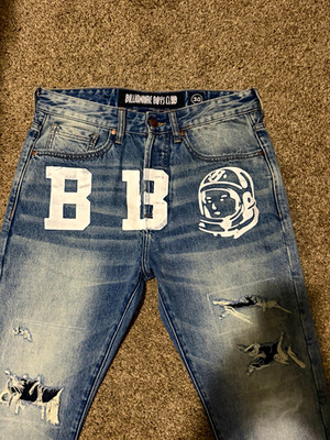 Billionaire Boys Club Men's Light Wash Distressed Slim Straight Logo Jeans