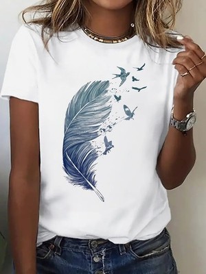 Feather To Birds T-Shirt Women Minimalist Nature Aesthetic Graphic Tee Casual