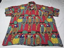 Vintage Paradise Found Hawaiian Men's Shirt Tropical Macaw Parrots Bright Red