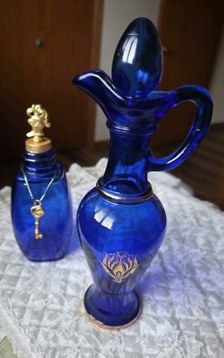 Cobalt Blue Vintage Glass Perfume Bottle & Avon Pitcher Vanity Decor 2 Gty 