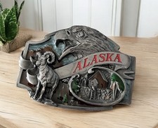 Vintage 1988 Siskiyou Alaska Multi-Color Belt Buckle Eagle Ram Cabin