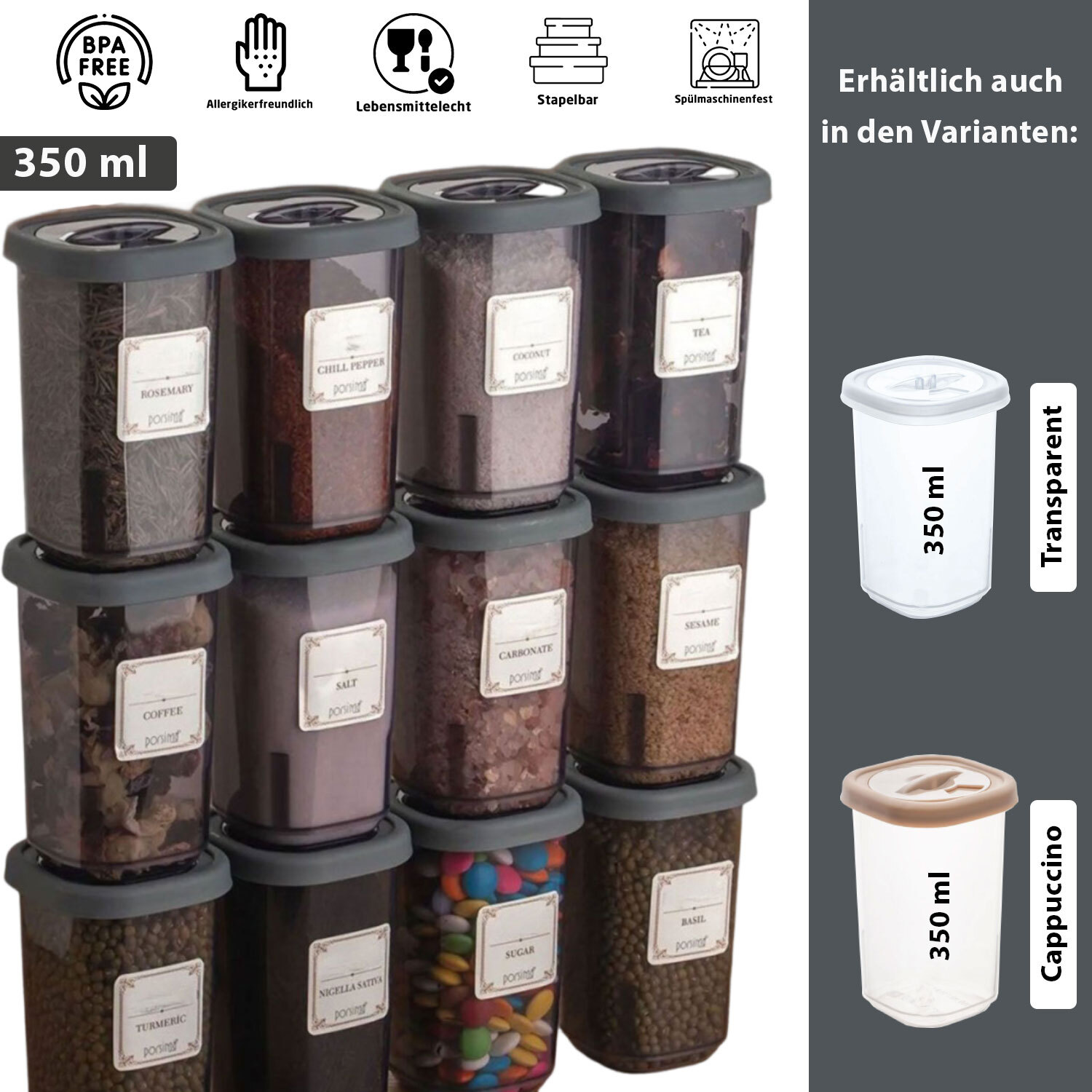 Gewürzbehälter Set 12x Stück mit Gewürzmühle mit Deckel Vorratsdose Aufbewahrung