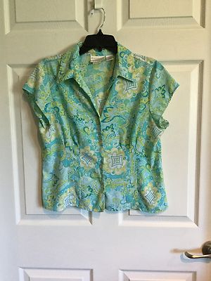 Worthington Woman Petite Large Blouse Turquoise Lime  White Short Sleeve -