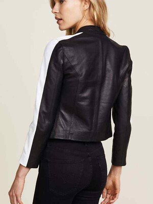 Genuine Real Leather Cropped Jacket Women Black White Stripe Biker