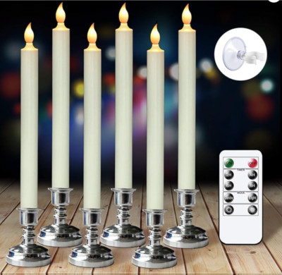 6 Flameless Battery Operated Flickering Taper Candles with Remote, Holders