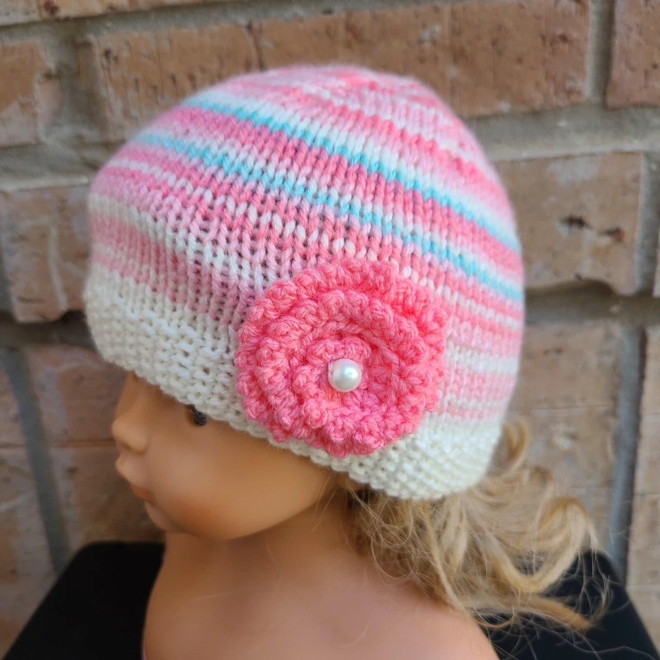 Bebé Niña Tejido Gorro Hecho a Mano Multicolor Flor Acrílico Talla 3-6 Meses - Imagen 3 de 4