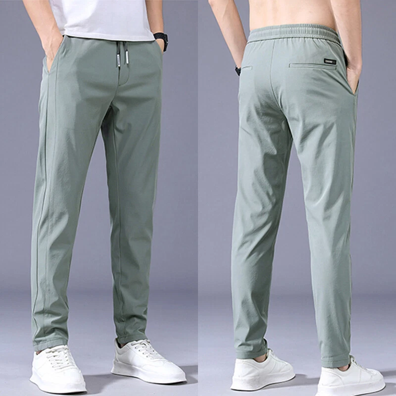 Men s Summer Elastic Waist Slim Fit Long Pants Thin Cool Trousers Work Bottoms