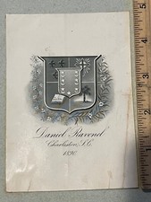 1890 Daniel Ravenel Family Charleston SC bookplate coat of arms Armorial crest