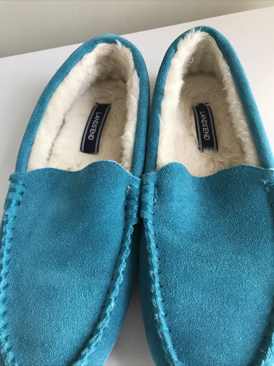 Lands End Turquoise Suede Leather Shearling Slip On Slippers Sz7 8