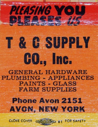Vintage Matchbook, AVON, NY, T & C Supply Company, "Hardware, Paints & Farm" - 第 1/4 張圖片