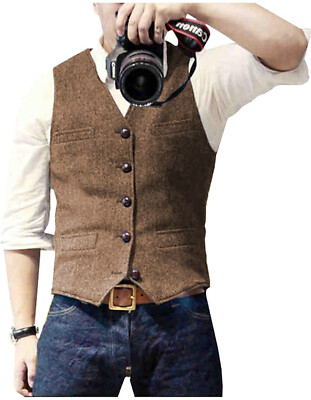 Mens Tweed Suit Vest Retro Herringbone Western Groom Formal Dress Waistcoat Vest