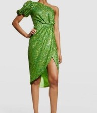 $395 ONE33 Social Women's Green Sequin One-Shoulder Hi-Low Sheath Dress Size 10
