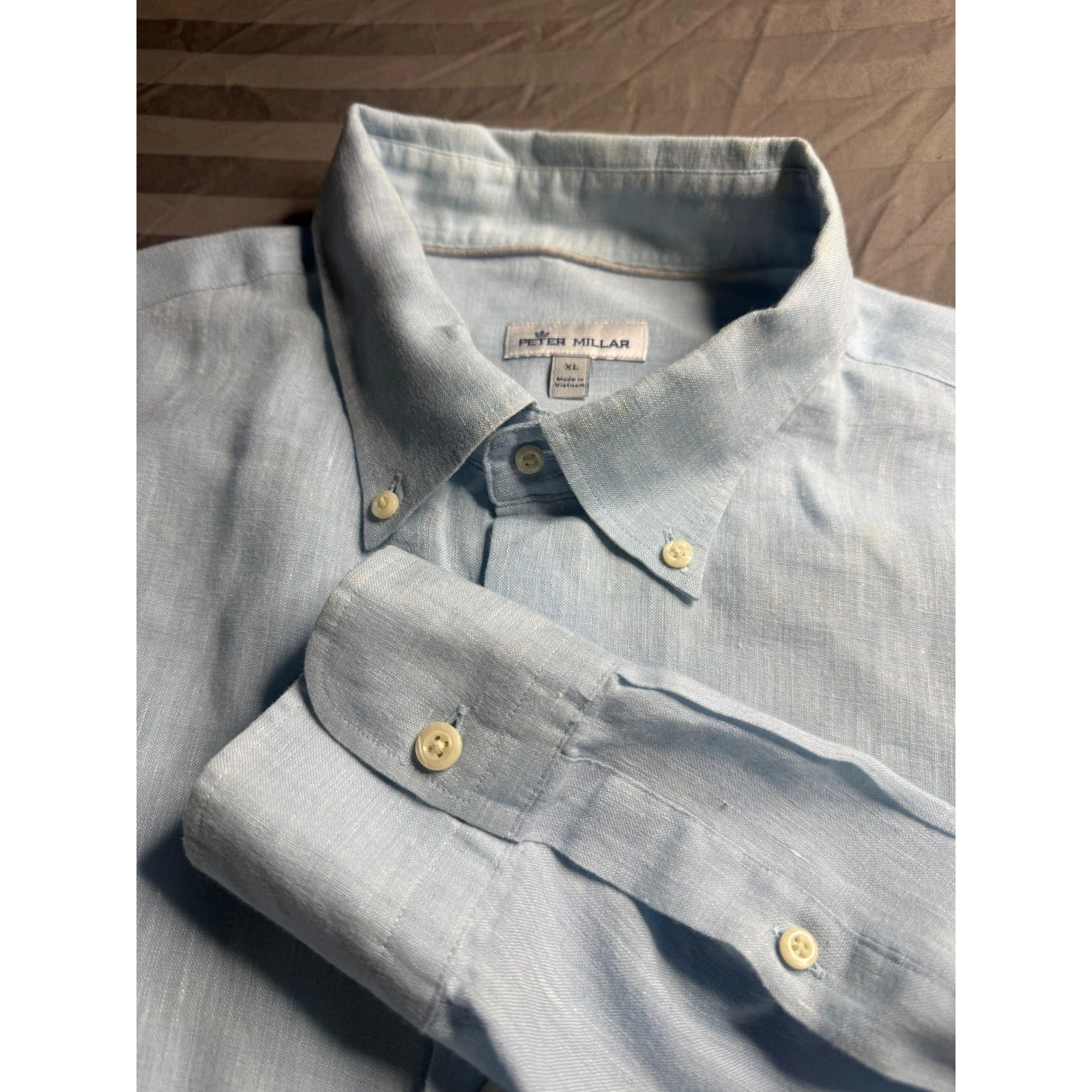 Peter Millar Mens XL Light Blue Linen Sorona Button Down Long Sleeve Shirt