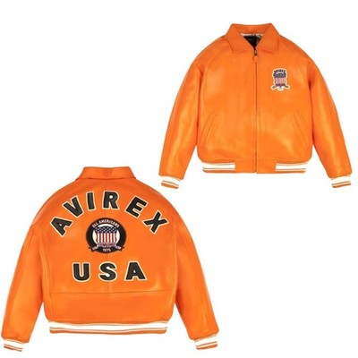 Avirex Men s orange American Bomber Flight Style Genuine Cowhide Leather Jacket