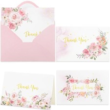 4 Assorted Pink Gold Watercolor Floral Thank You Cards with PinkGold 50 PCS